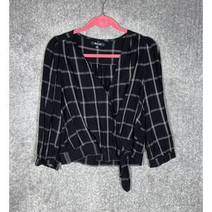 Madewell Windowpane Cropped Wrap Top Womens Size XL‎ Black V-Neck Tie Front Hem